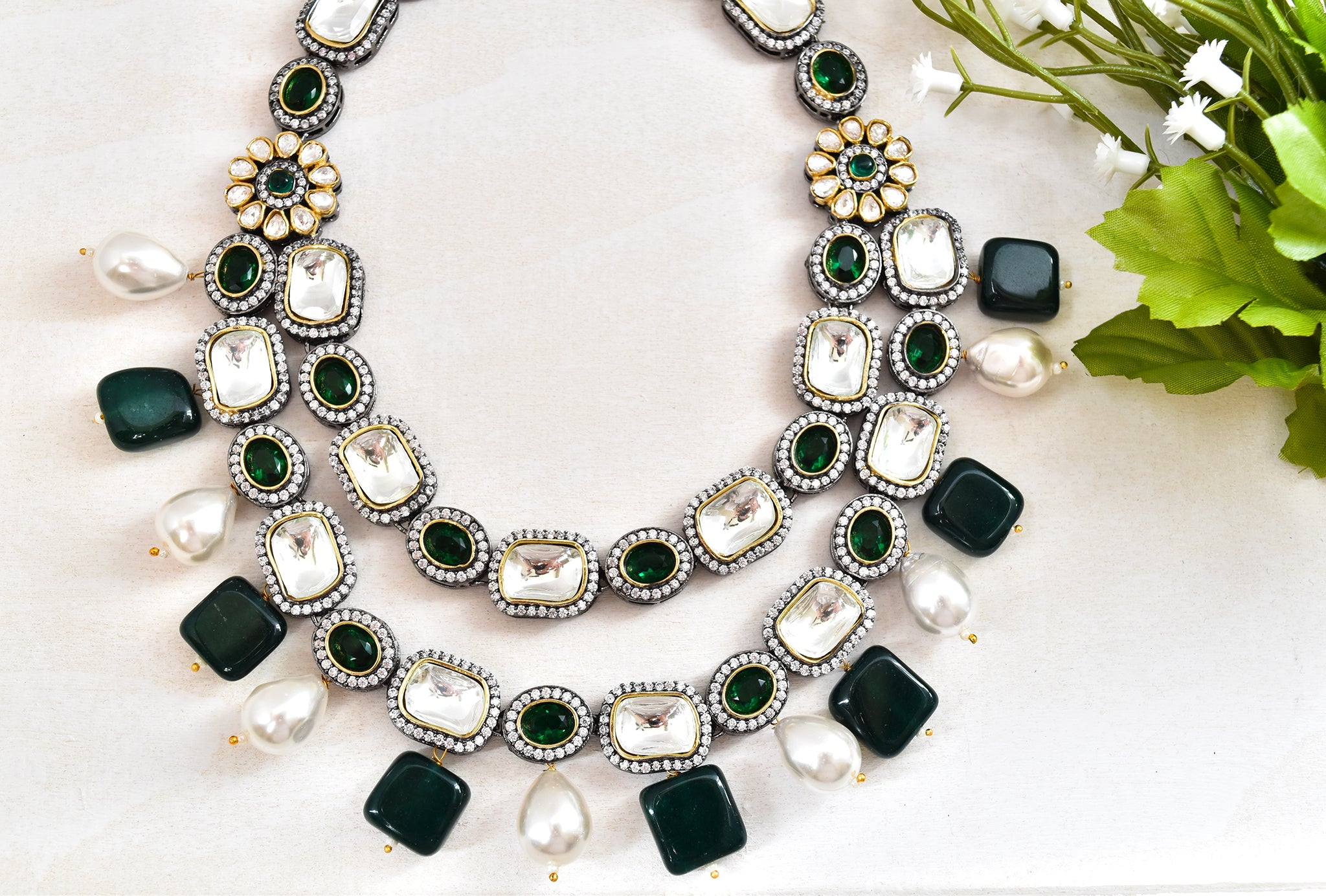 Kundan Green Drops Necklace