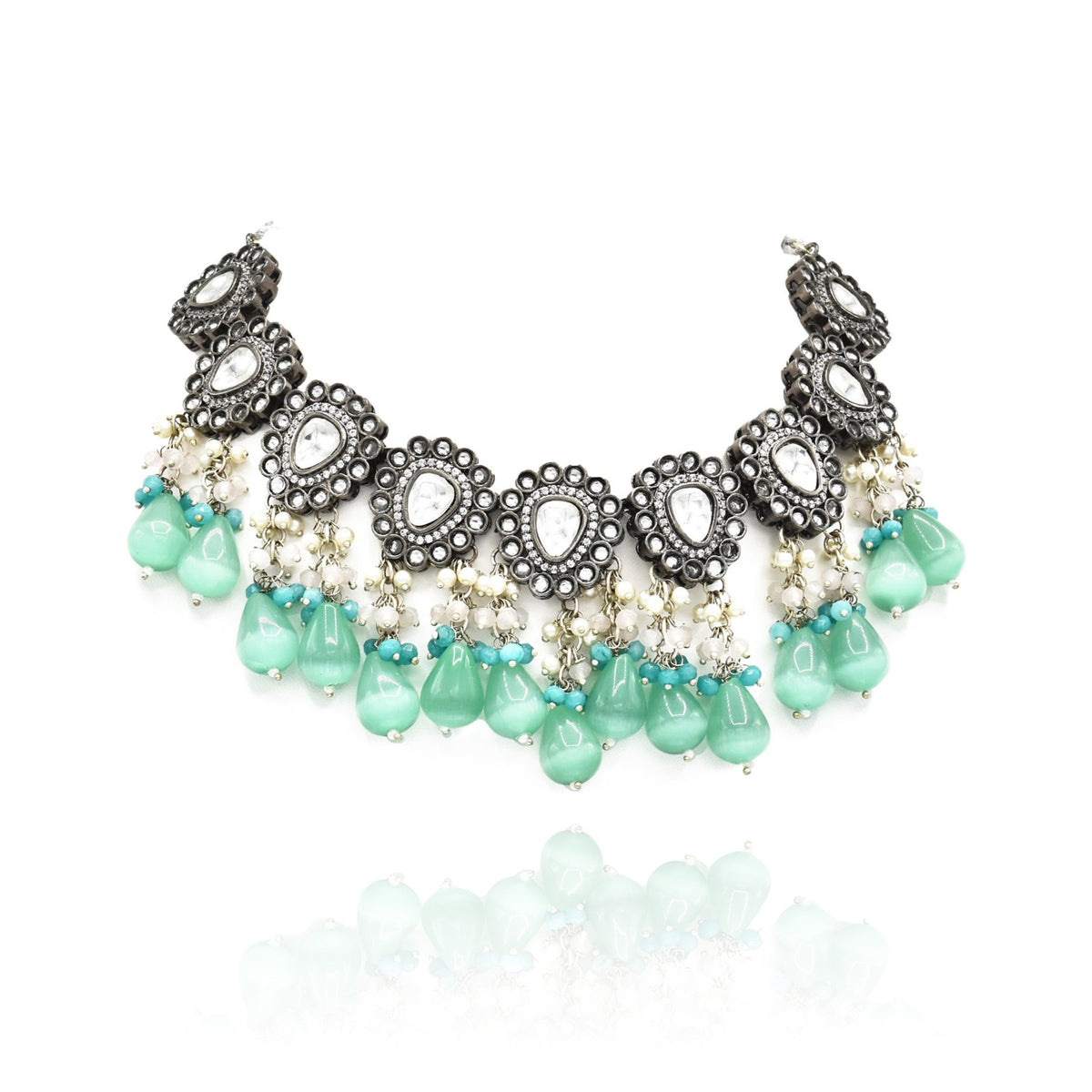 Lydia Kundan Necklace Set - Mint - The Pashm