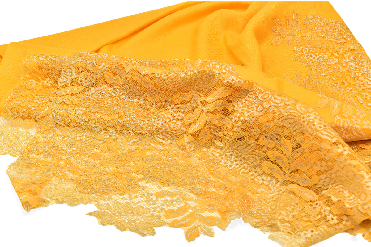 French Chantilly Lace Patch Fine Wool Shawl Yellow - The Pashm