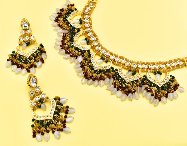 Devika Beaded Kundan Necklace Set - Yellow - The Pashm